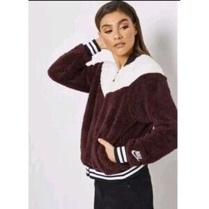 Nike Women's Sherpa Bomber Jacket Size Medium Maroon Full Zip Fluffy Teddy